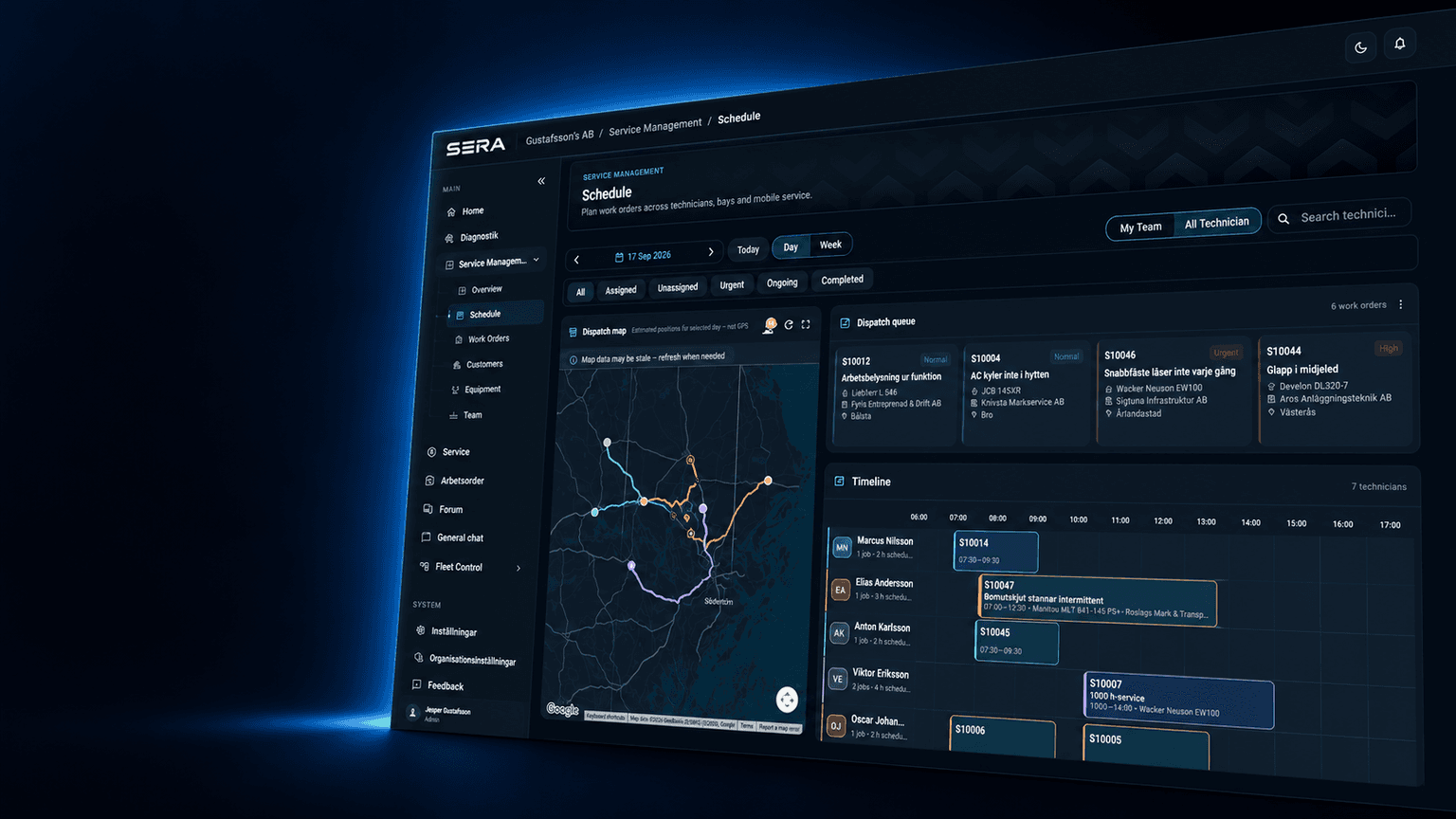 SERA Service Management day schedule with dispatch map, work-order queue and technician timeline.