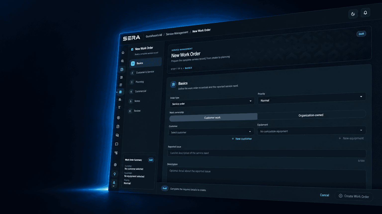 SERA Service Management new work order workflow with customer, equipment and planning fields.