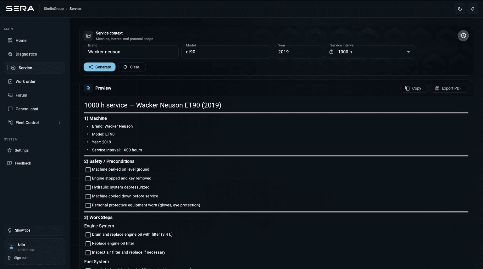SERA Service workspace showing a machine-specific 1000-hour service protocol with safety checks and work steps